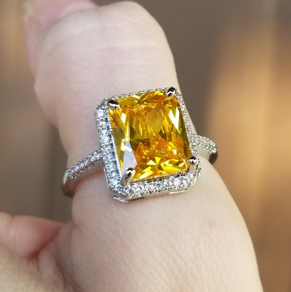 🆕S925-6.28CT Yellow Citrine/White Sapphire Ring 9 - Picture 6 of 12